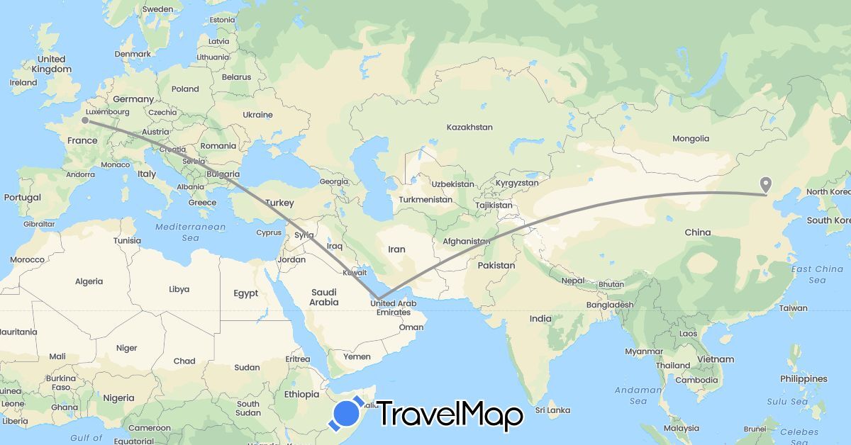 TravelMap itinerary: driving, plane in China, France, Qatar (Asia, Europe)